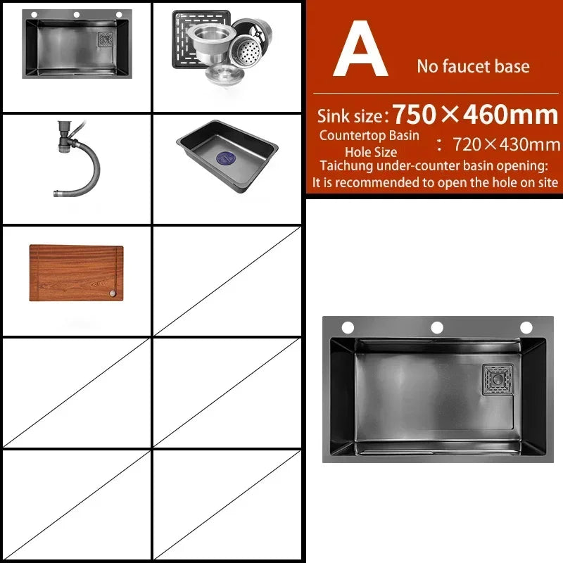 Black Nano Kitchen Sink 304 Stainless Steel Waterfall Sink Basin Large Single Bowl with Multifunction Touch Waterfall Faucet