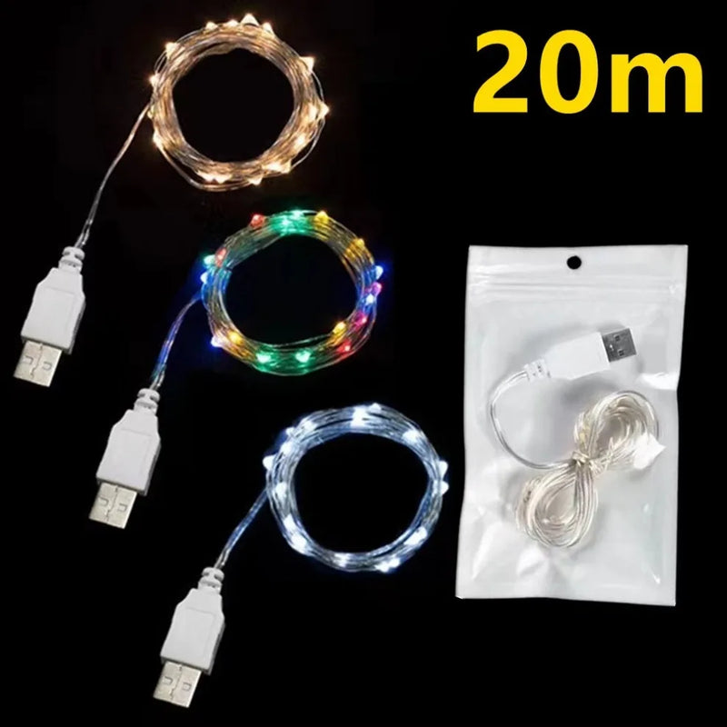 20M Waterproof USB LED Lights String Copper Silver Wire Garland Light Fairy Lights For Christmas Wedding Party Decoration Wreath