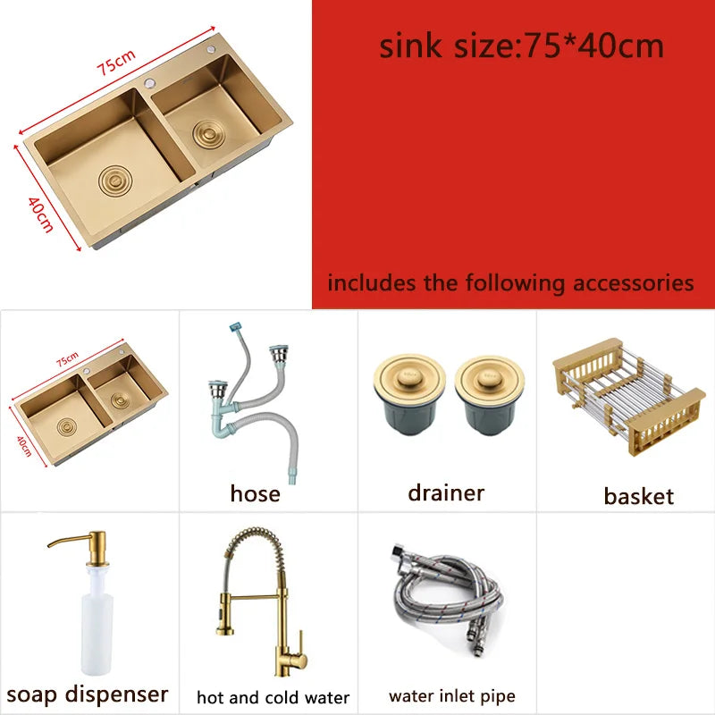 Gold Kitchen Sink Above Counter or Undermount double Bowl Goldn Basket Drainer Soap Dispenser Washing Basin 304 Stainless Steel