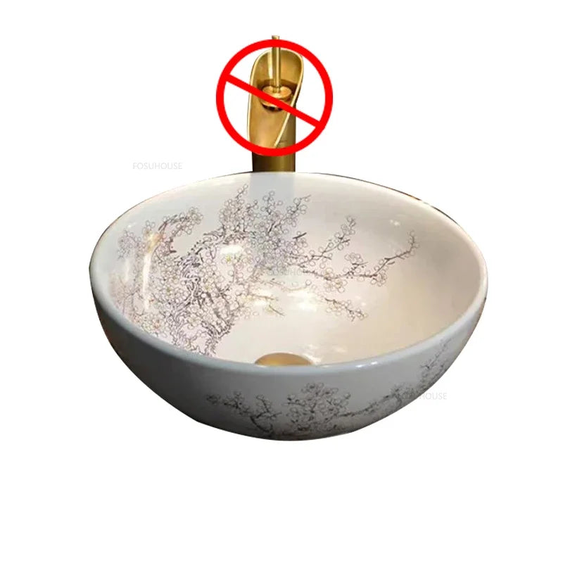 American Art Bathroom Sinks European Ceramic Wash Basin Retro Home Round Single Basin Balcony Toilet Creative Hand Painted Basin