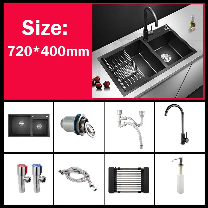 304 Stainless Steel Nano Black Kitchen Sink Vegetable Wash Basin For Home Fixture With  Faucet Drain Accessories Topmount