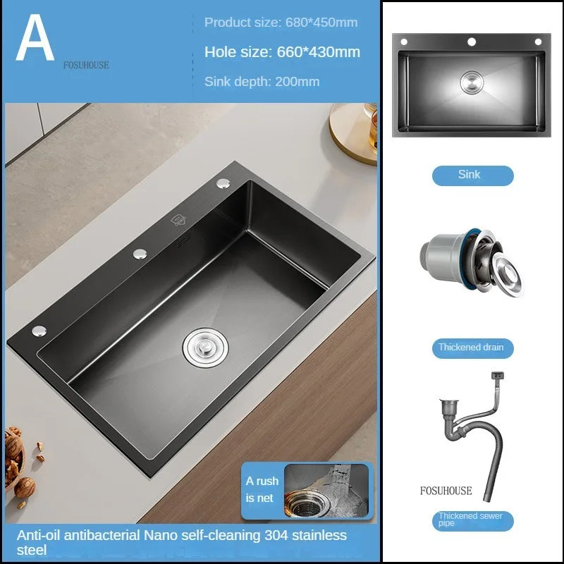 German Nano Sinks for Apartments Black Metal Three-hole Drain Kitchen Sink Light Luxury Household Kitchen Sink for Rental Houses