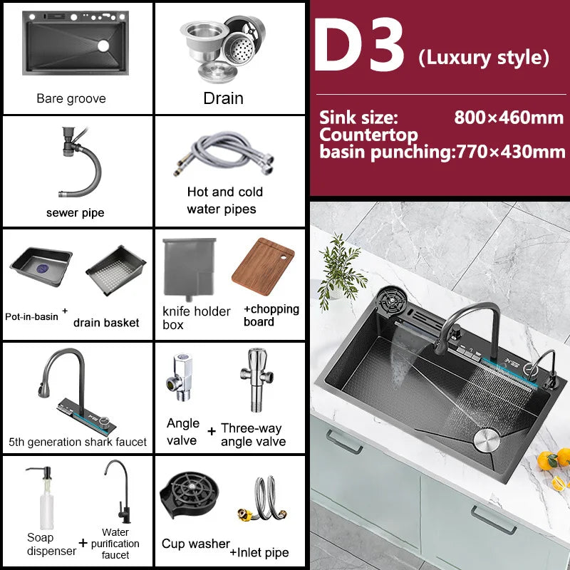 Waterfall Sink Stainless Steel Kitchen Sink Embossed Large Single Slot Ambient light Digital Display Faucet Set Soap Dispenser