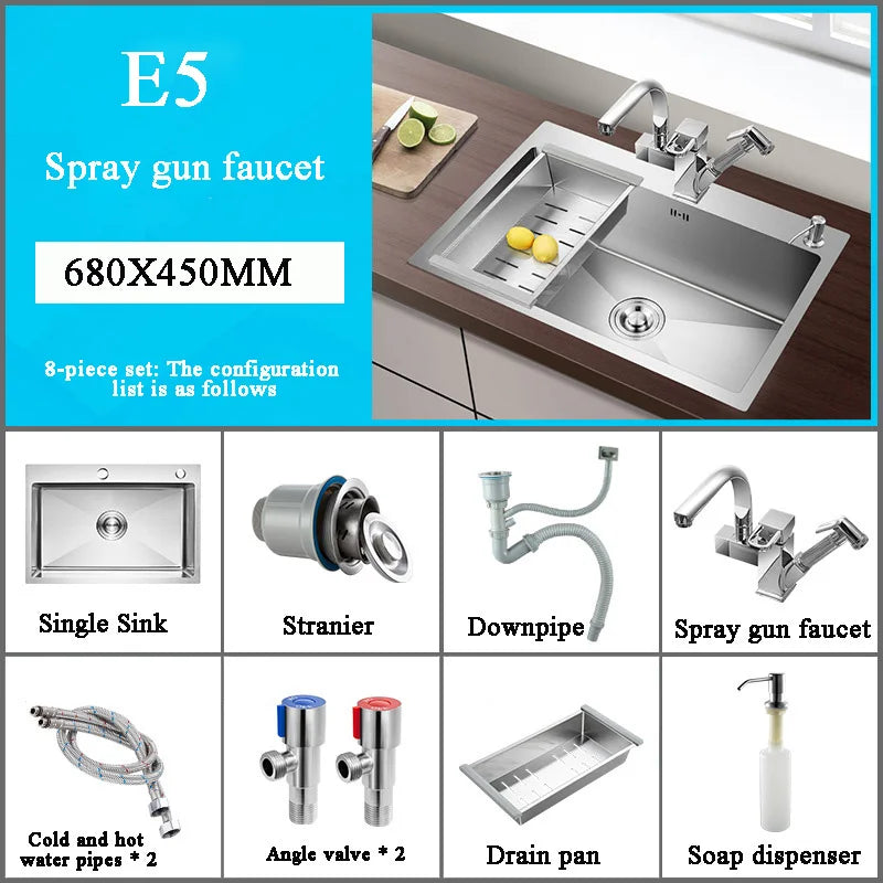 Stainless Steel Kitchen Sink Farmhouse Above Counter Undermounter Single Bowel Wash Basin With Gourmet Faucet Drain Accessories