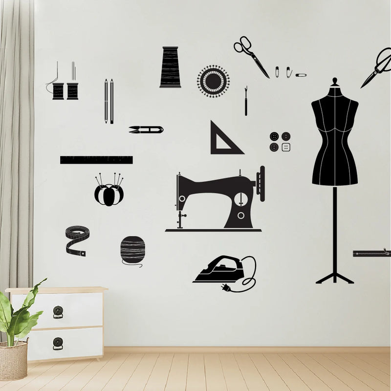 Creative sewing tools sticker for living room tailor's shop decoration self adhesive wall art decal