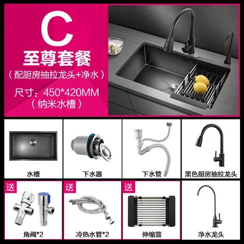 Kitchen Sinks Single Slot Black Kitchen Nano Sink 304 Stainless Steel Sink Under Counter Basin Home Kitchen s Accessories