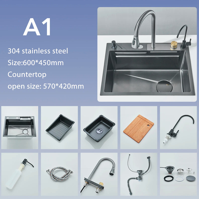 Dark Grey Nano Kitchen Sink Above Mount Washing Basin Chopping Board 304 Stainless Steel Single Grey Kitchen Sink Kitchen Faucet