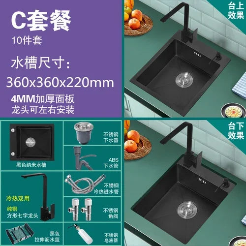 304 Stainless Steel Kitchen Sinks Bar Balcony Mini Sink Single Tank Black Nano Kitchen Accessories Thicken Wash Basin Small Sink