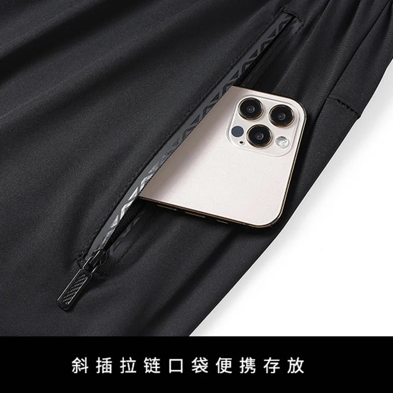Summer Elastic Men Running Sport Pants Jogging Sweatpants Casual Outdoor Training Gym Fitness Trousers Zipper pocket leggings