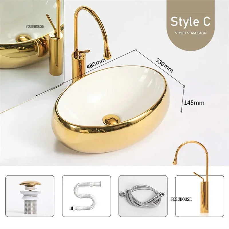 Luxury Gold Ceramic Tabletop Bathroom Sinks Home Hotel European Minimalist Household Washbasin Square Bathroom Wash Basins d