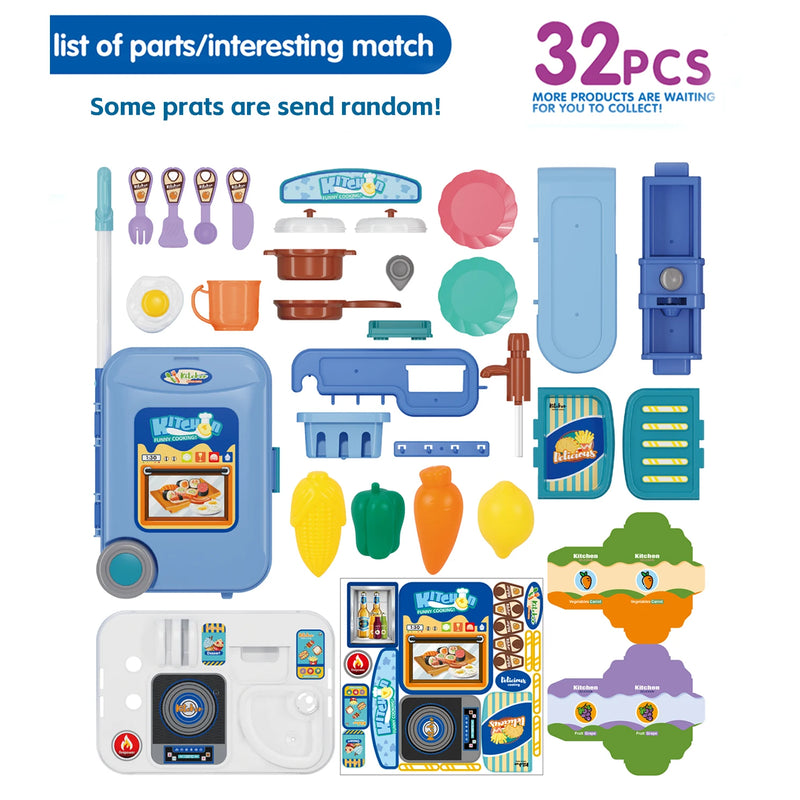 Integrates Storage Boxes and Tableware Kitchen Play Set Movable Kitchens Stove Fruit 3-IN-1 Portable Suitcase Cooking Kits Toys