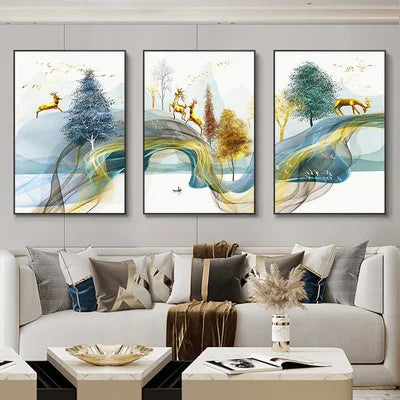 3 Pieces Nordic Luxury Ribbon Abstract Landscape Wall Art Canvas Paintings Modern Gold Deer Poster Print Picture for Home Decor