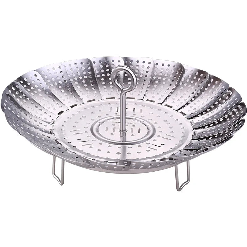 LFGB Certificate 304 Stainless Baozi Steamer Foldable Food Steaming Tray with 4cm Height Rack and 3mm Holes Detachable Handle