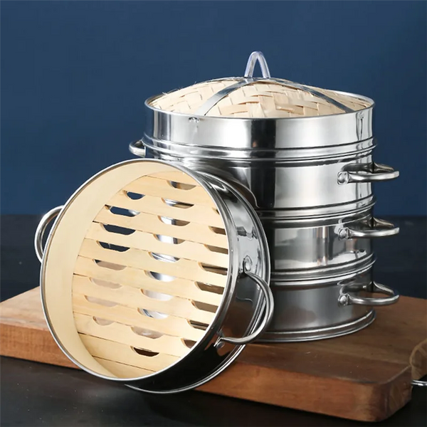 Stainless Steel Bamboo Steamer with Lid Rice Cooker Food Steaming Grid Basket for Dumpling Kitchen Steam Pot Cooking Accessories