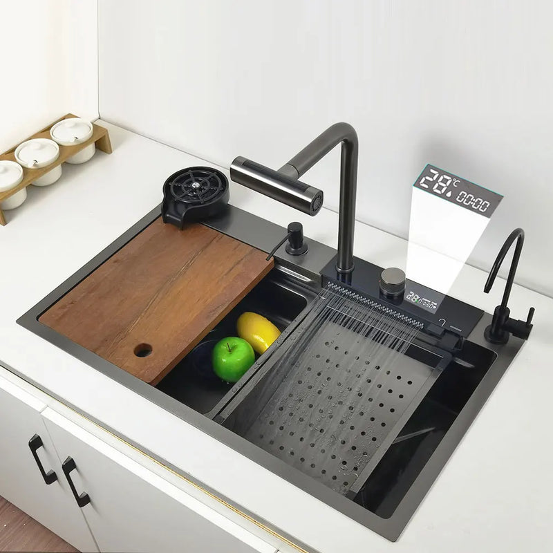 LED Waterfall Kitchen Sink 4 Modes Faucet Large Single basin honeycomb anti-scratch nano technology 304 Stainless Steel Sink