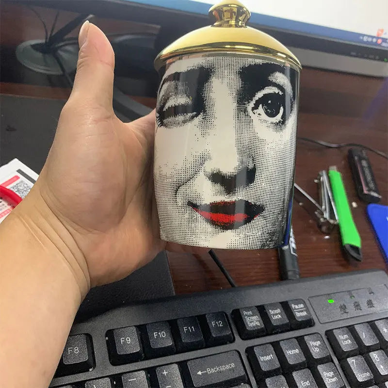 Gold Handmade Ceramic Empty Candle Holder Incense Candles Jar Lady Face Red Lip Cup Living Room Ornaments Home Decoration Box Cr
