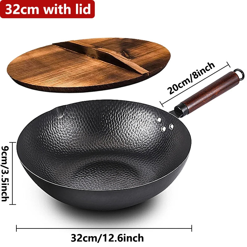 32cm Carbon Steel Wok Woks & Stir Fry Pans Wok Pan with Lid No Chemical Coated Flat Bottom Wok for Electric Induction Gas Stoves