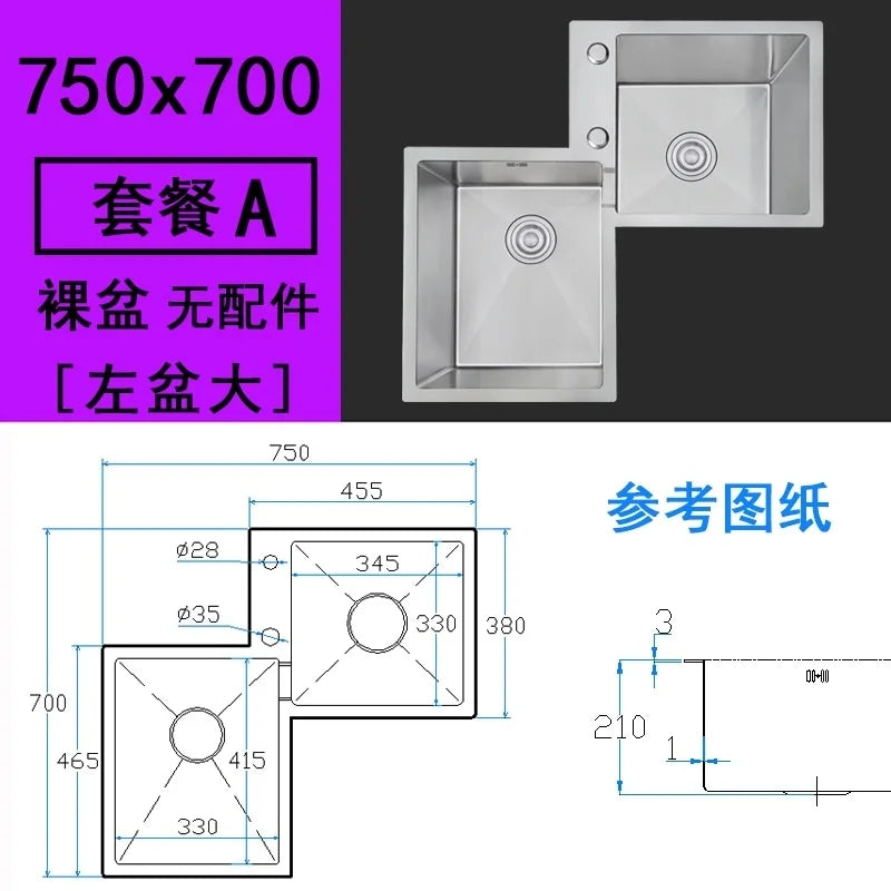 Kitchen Furniture Thickened 304 Stainless Steel Sink Basin Corner Shaped Double Stainless Steel Kitchen Sinks  Accessories Bh