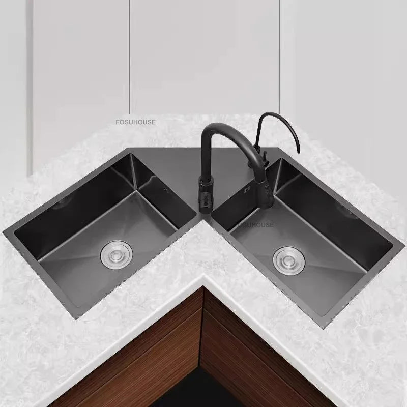 Stainless Steel Corner Kitchen Sinks L-shaped Large Corner Dishwashing Basin Handmade Double-slot Dishwashing Sink for Kitchen X