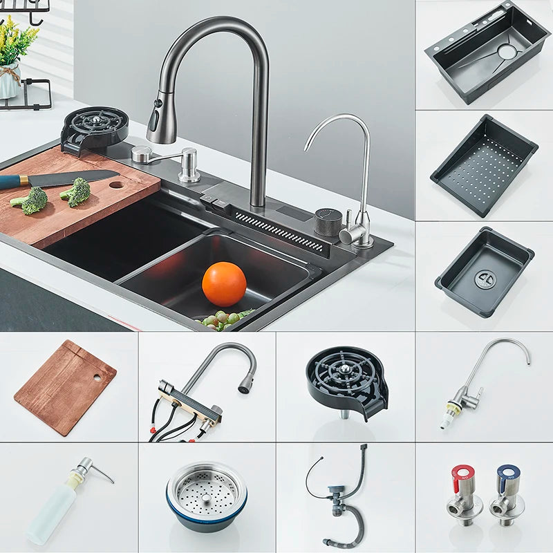 Hownifety Waterfall Sink Kitchen Stainless Steel Topmount Sink Large Single Slot Wash Basin With Multifunction Waterfall Faucet