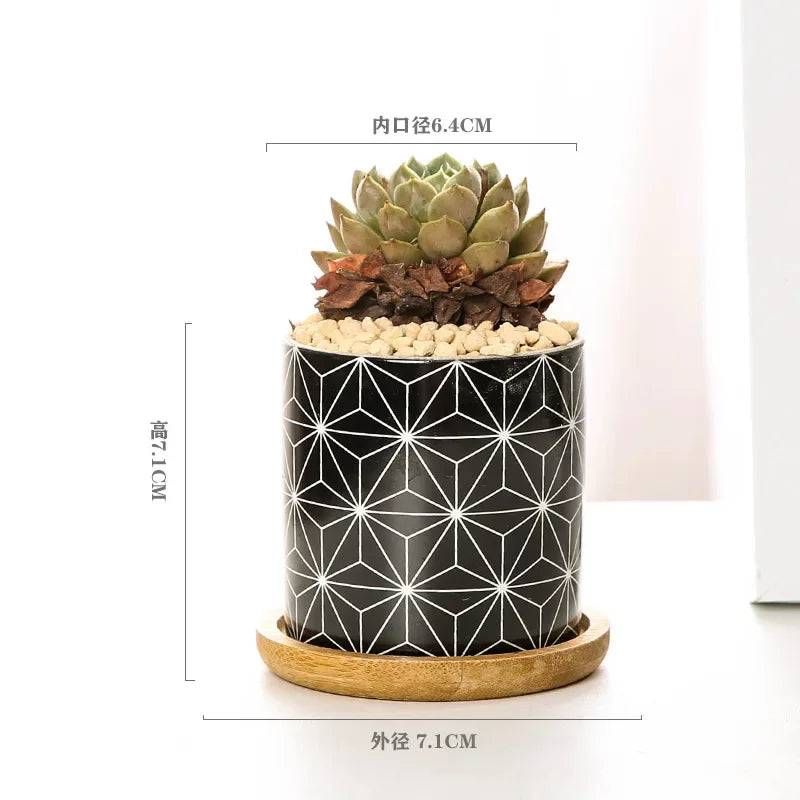 Nordic Geometric Pattern Ceramic Succulent Pot Straight Simple Black and White Home Decoration Succulent Small Potted Plant