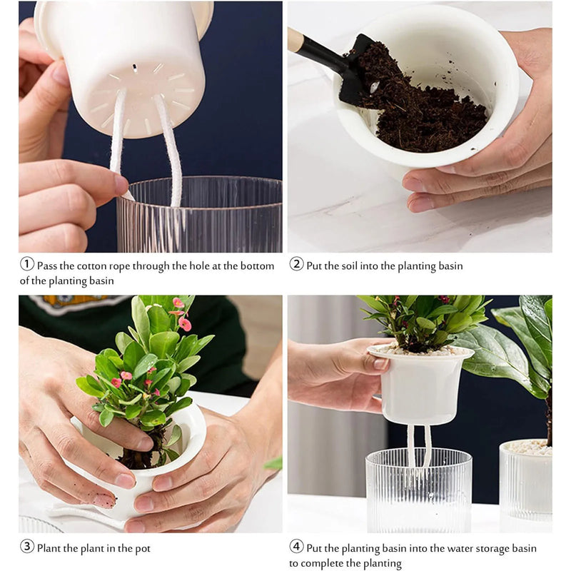 Lazy Flower Pot Automatic Water-absorbing Hydroponic Flowerpot Transparent Double Layer Plastic Planter Home Watering Planter