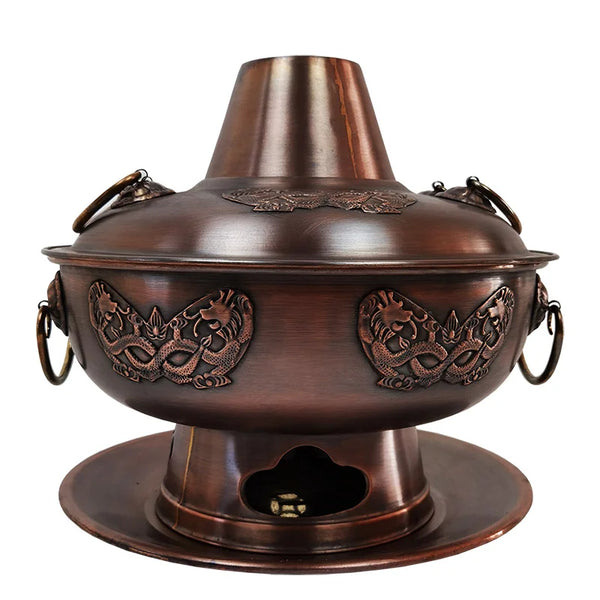 Old Beijing red copper hot pot antique thick pure handmade charcoal mandarin duck chafing dish Mongolian soup stewpan 30-40cm