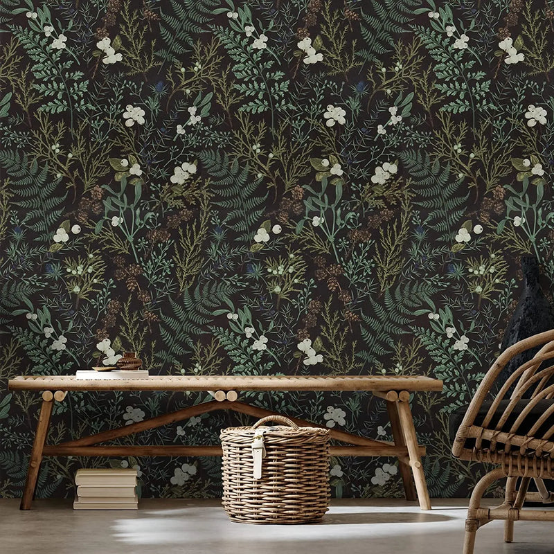 Tropical Moss Leaf Peel and Stick Wallpaper Black Floral Self Adhesive Removable Floral Contact Paper for Bedroom Walls Cabinets