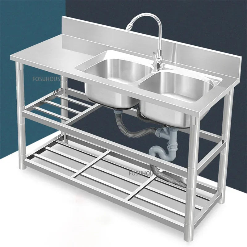 Household Vegetable Washing Basin with Bracket Commercial Stainless Steel Kitchen Sinks Kitchen Workbench Washing Single Sink