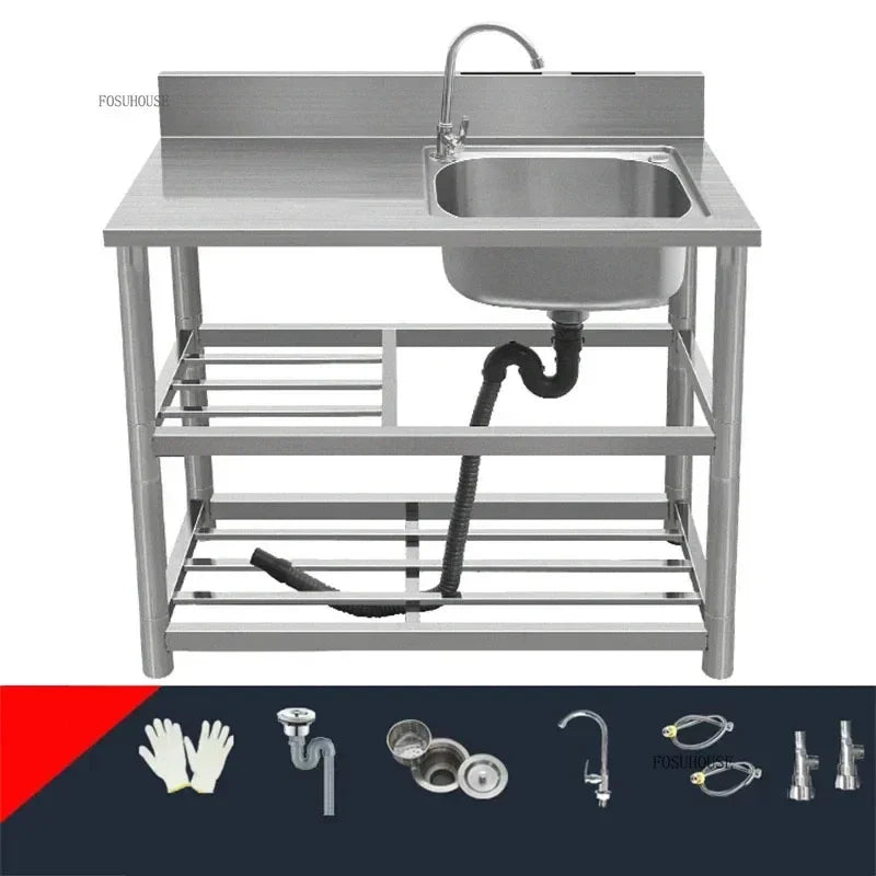 Household Vegetable Washing Basin with Bracket Commercial Stainless Steel Kitchen Sinks Kitchen Workbench Washing Single Sink