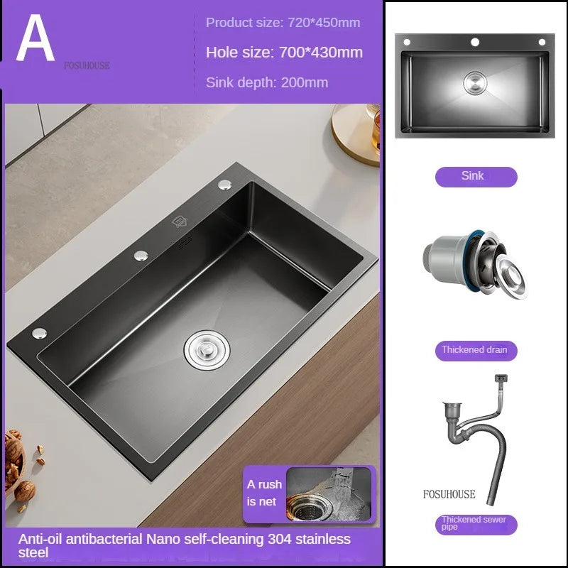 German Nano Sinks for Apartments Black Metal Three-hole Drain Kitchen Sink Light Luxury Household Kitchen Sink for Rental Houses