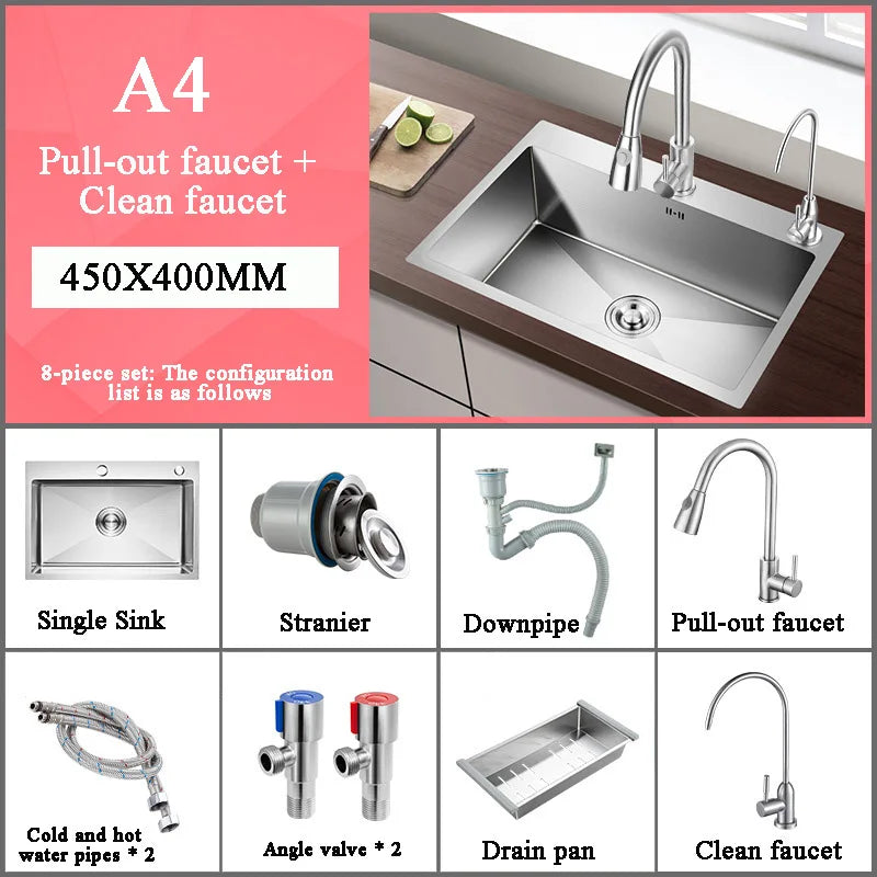 Stainless Steel Kitchen Sink Farmhouse Above Counter Undermounter Single Bowel Wash Basin With Gourmet Faucet Drain Accessories