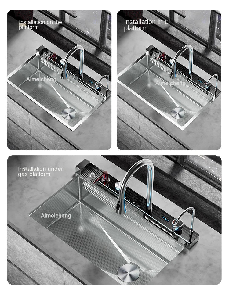 Silver Nano 304 Stainless Steel Digital Display Waterfall Sink Multifunctional Vegetable Washing Pool Integrated faucet