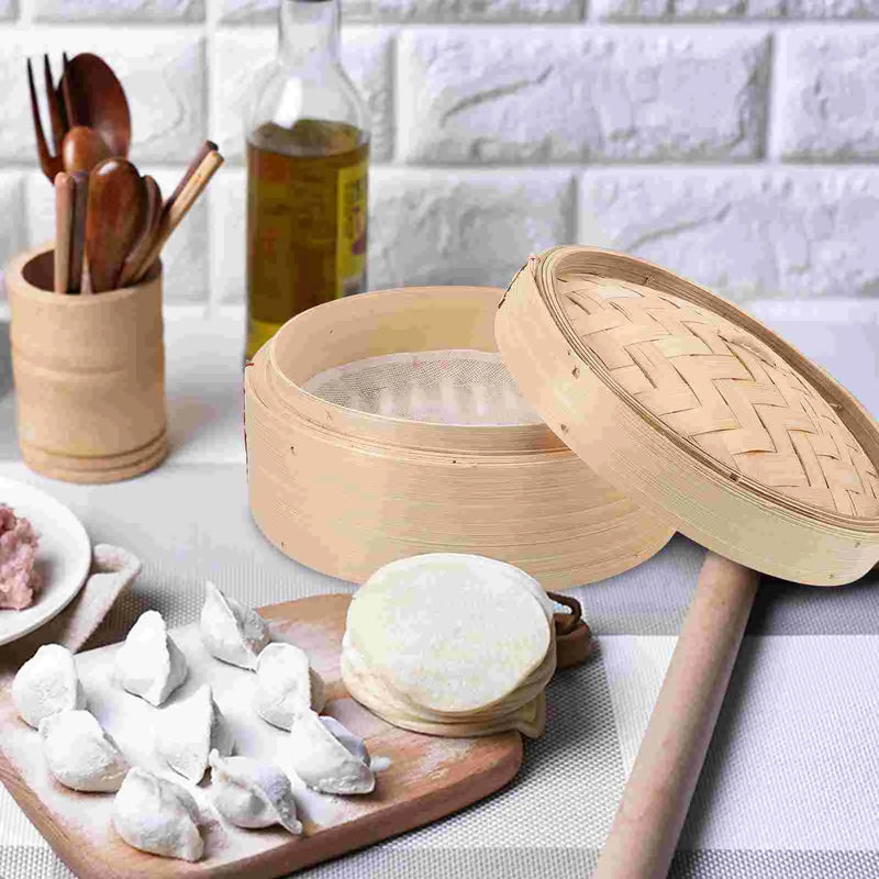 2 Pcs Chinese Dim Sum Cookers Household Lotus Leaf Rice Steamers Wooden Bamboo Steaming Tray Cooking Tools with Cover 8 Inch