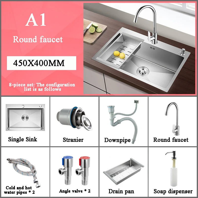 Stainless Steel Kitchen Sink Farmhouse Above Counter Undermounter Single Bowel Wash Basin With Gourmet Faucet Drain Accessories