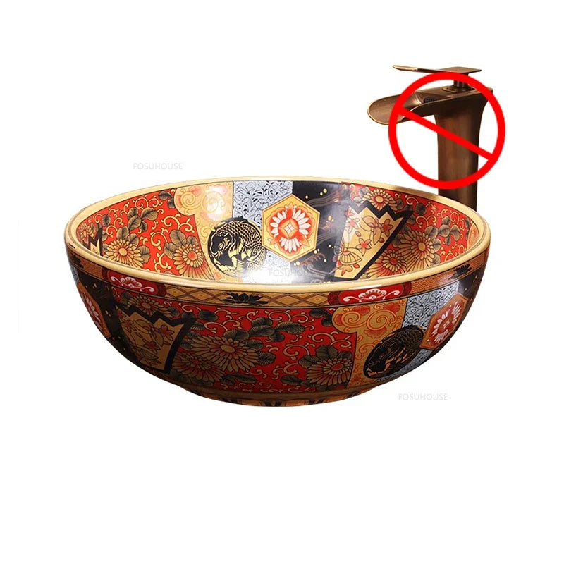 American Art Bathroom Sinks European Ceramic Wash Basin Retro Home Round Single Basin Balcony Toilet Creative Hand Painted Basin