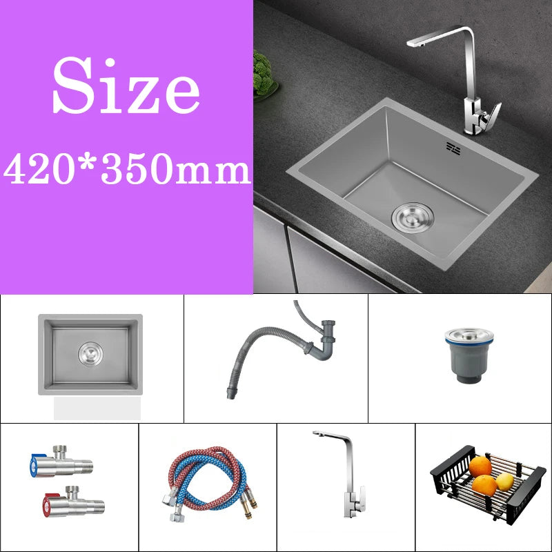 Small Gray Kitchen Sink Above Counter or Undermount 304 Stainless Steel Single Bowl Washing Basin Drain Accessories for Kitchen