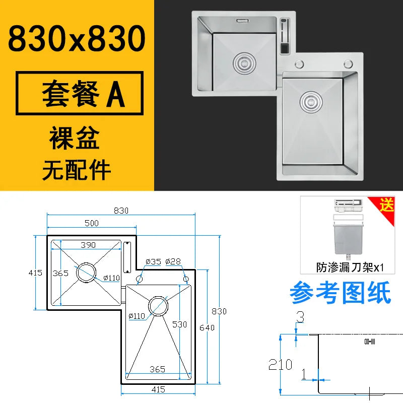 Kitchen Furniture Thickened 304 Stainless Steel Sink Basin Corner Shaped Double Stainless Steel Kitchen Sinks  Accessories Bh