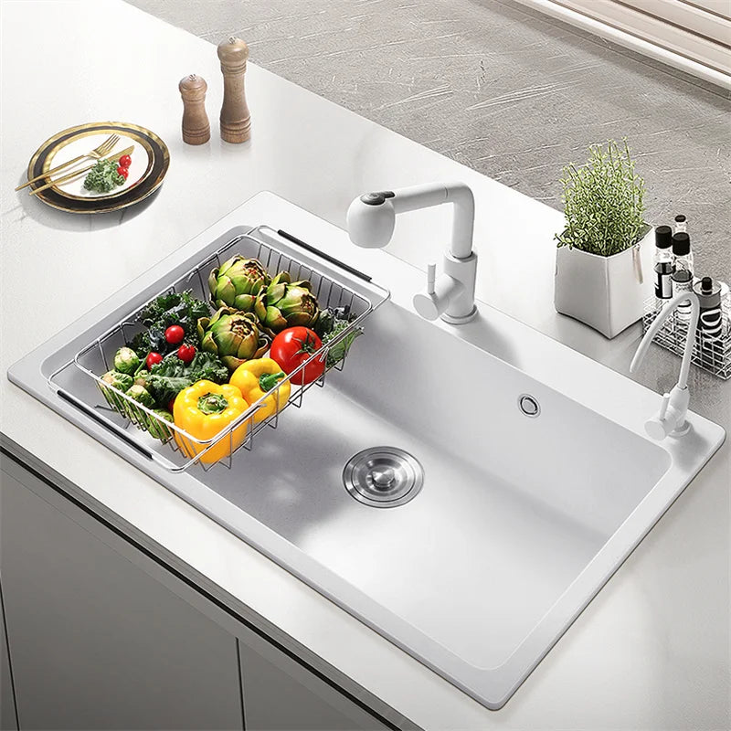 Italian-style Quartz Stone Kitchen Sink Household Large Single-slot Washbasin Under-counter Basin Sink Kitchen Accessories U