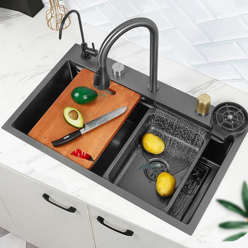 Black Nano Kitchen Sink 304 Stainless Steel Waterfall Sink Basin Large Single Bowl with Multifunction Touch Waterfall Faucet