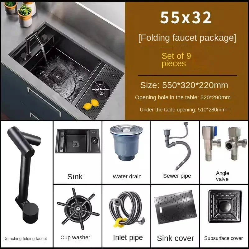 55cmx32cm 304 Nano Stainless Steel Hidden Sink Folding Faucet with Large Single Slot and Cover Plate Bar Counter Cup Washer