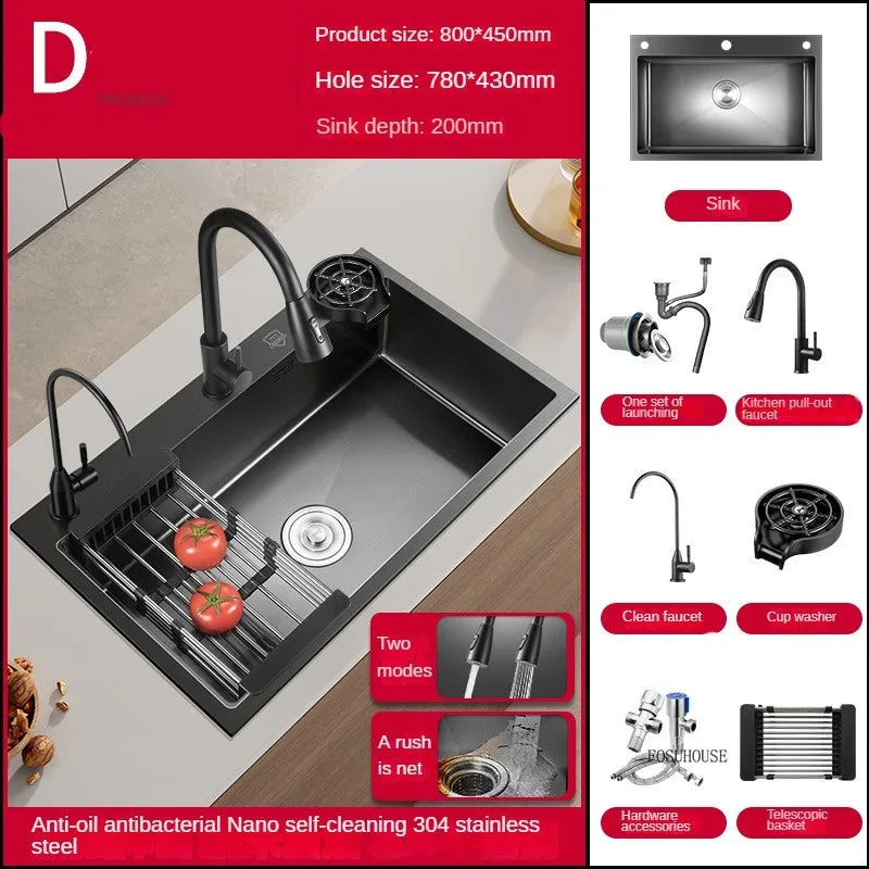 German Nano Sinks for Apartments Black Metal Three-hole Drain Kitchen Sink Light Luxury Household Kitchen Sink for Rental Houses