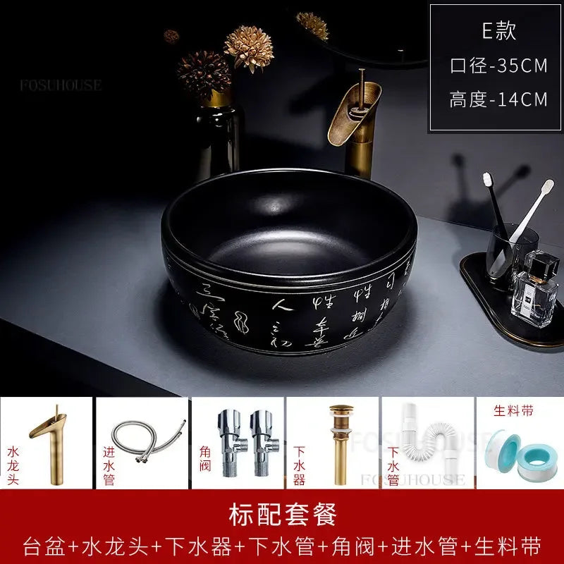 European Retro Bathroom Sinks Ceramic Home Bathroom Washbasins Countertop Basin Small Size Washing Sink Round Single Wash Basin