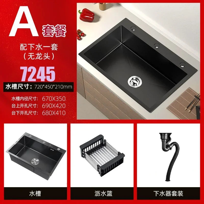 Stainless Steel Kitchen Sinks Black Nano Large Single Tank Countertop Basin Home Kitchen Vegetable Sink 304 Thickened Wash Basin