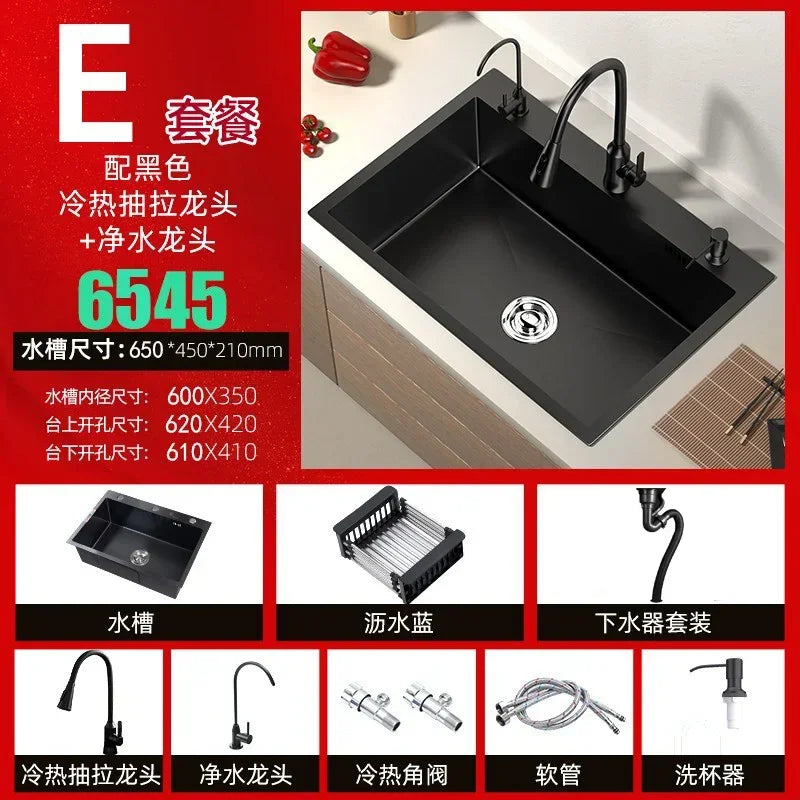 Stainless Steel Kitchen Sinks Black Nano Large Single Tank Countertop Basin Home Kitchen Vegetable Sink 304 Thickened Wash Basin