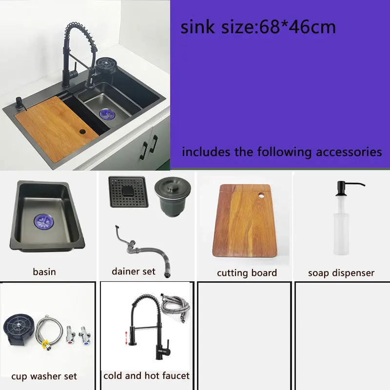 Matte Black Nano Kitchen Sink Above Mount Washing Basin with chopping board 304 Stainless Steel Single black kitchen sink