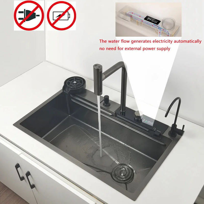 LED Waterfall Kitchen Sink 4 Modes Faucet Large Single basin honeycomb anti-scratch nano technology 304 Stainless Steel Sink