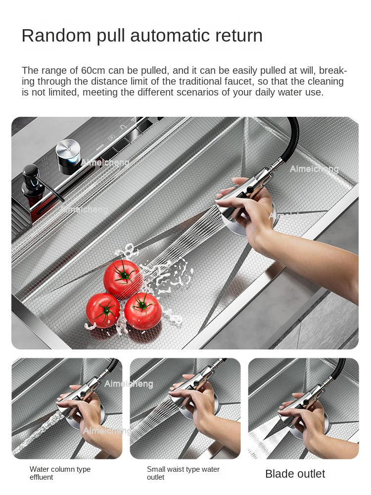 Silver Nano 304 Stainless Steel Digital Display Waterfall Sink Multifunctional Vegetable Washing Pool Integrated faucet