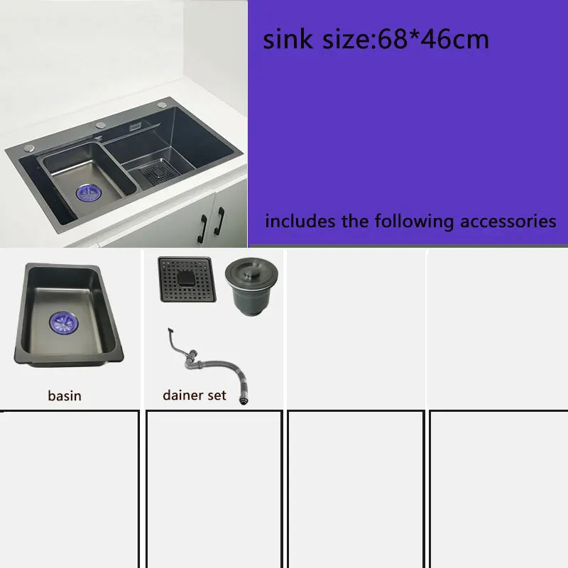 Matte Black Nano Kitchen Sink Above Mount Washing Basin with chopping board 304 Stainless Steel Single black kitchen sink