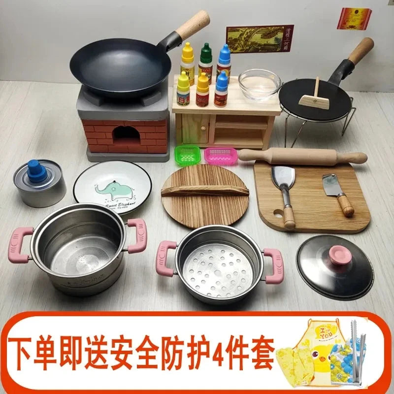 Mini Kitchen Full Set of Cooking and Edible Kitchenware, Real Edition, Children's Play Home, Large Stove